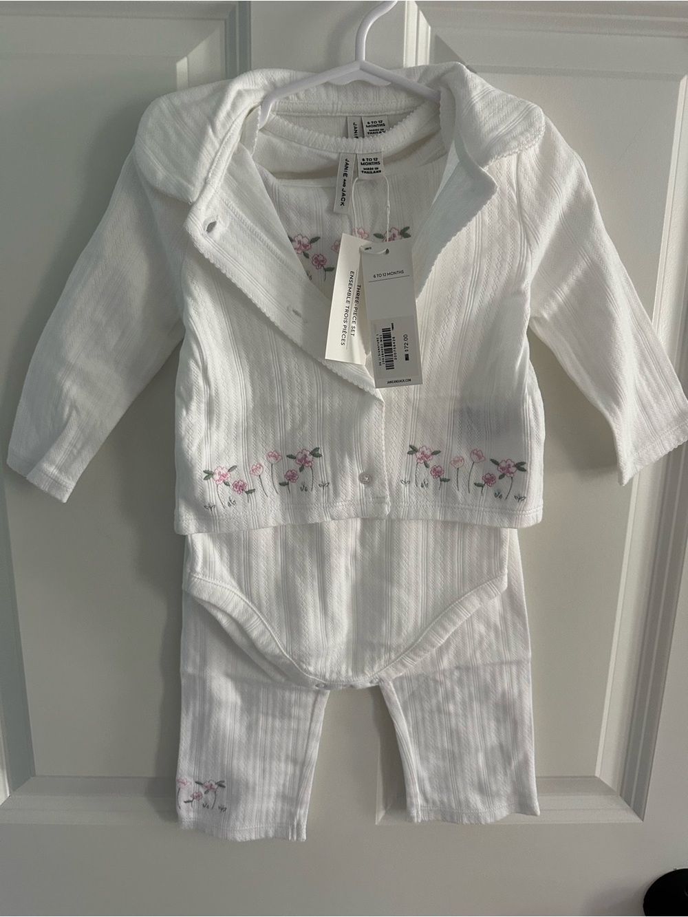 Janie and Jack White Ribbed 3-Piece Pajama Set with Pink Floral Embroidery